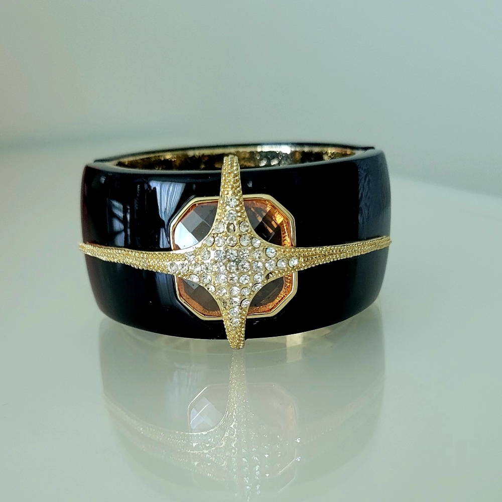 Black enamel cuff bracelet with citrine  stone and crystal  embellishment..